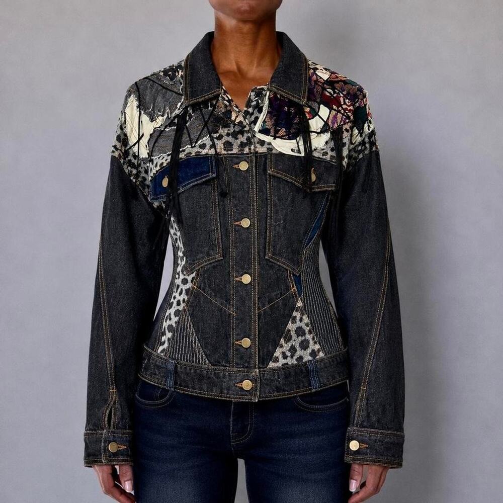 RARE VTG Reconstructed Artisan Patchwork Animal Print Denim Jacket Size M